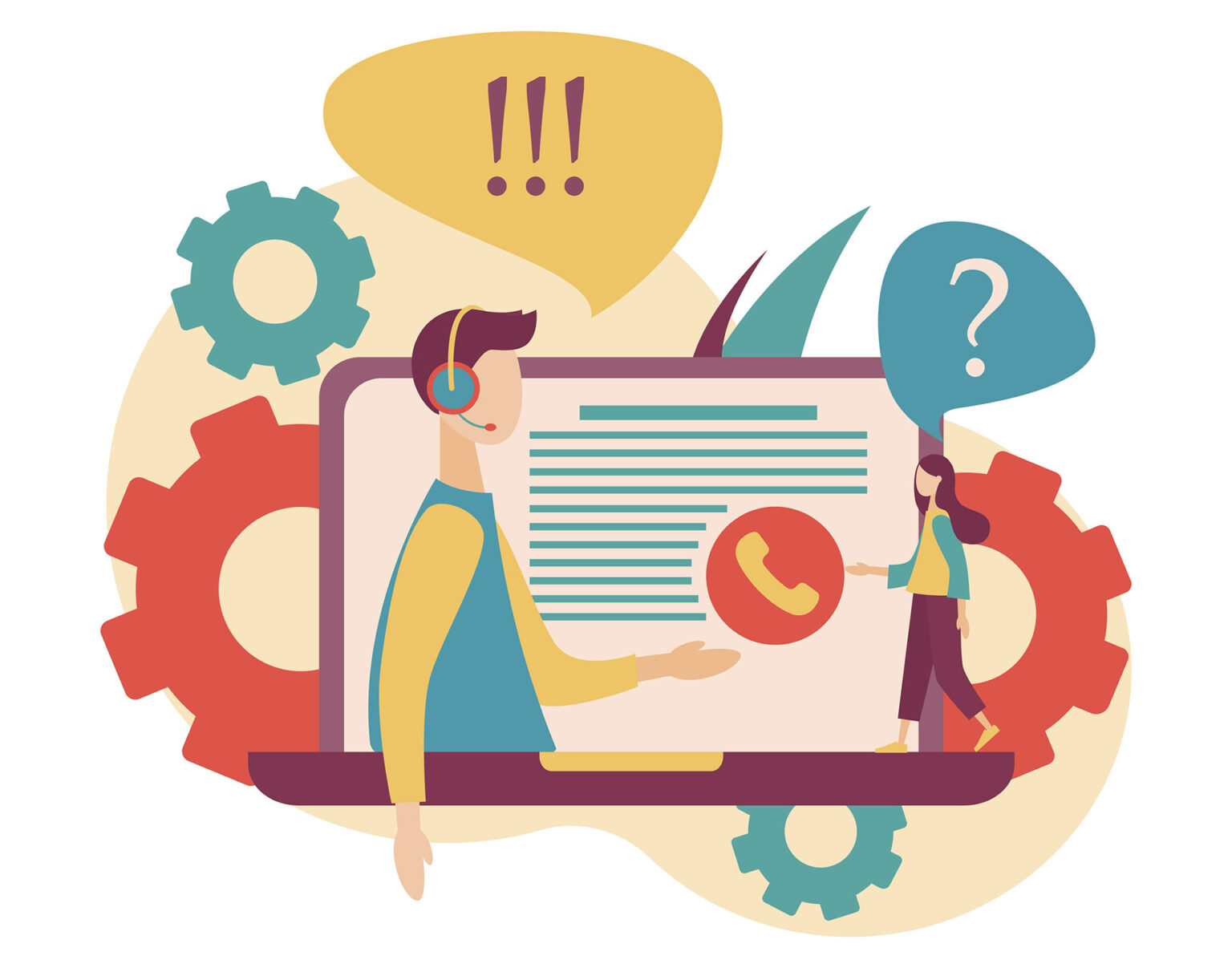 Illustrazione servizio clienti con operatore che risponde a domande