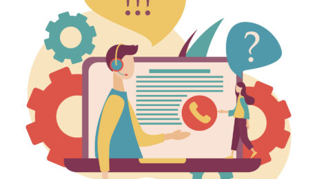 Illustrazione servizio clienti con operatore che risponde a domande