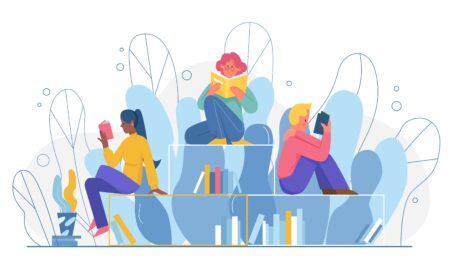 Illustrazione di tre persone che leggono un libro sedute su una serie di librerie di altezza diversa