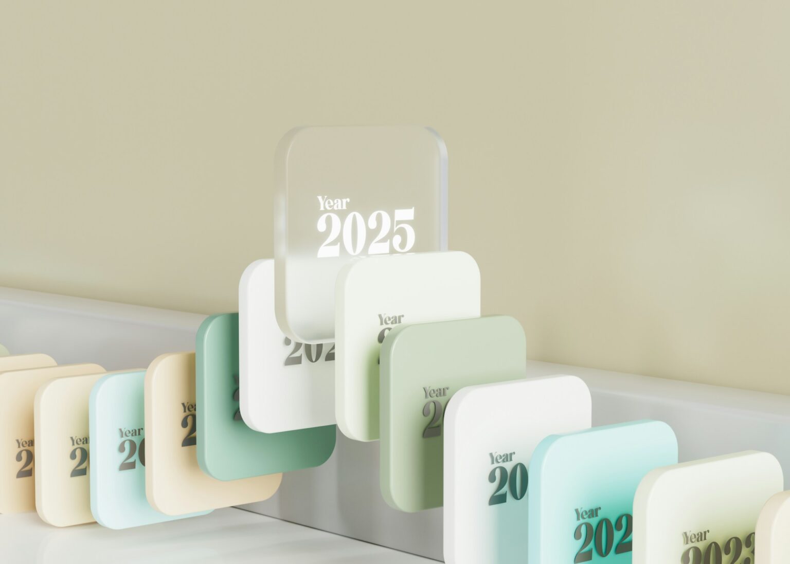 Serie di cartellini con sequenza di anni e 2025 in evidenza