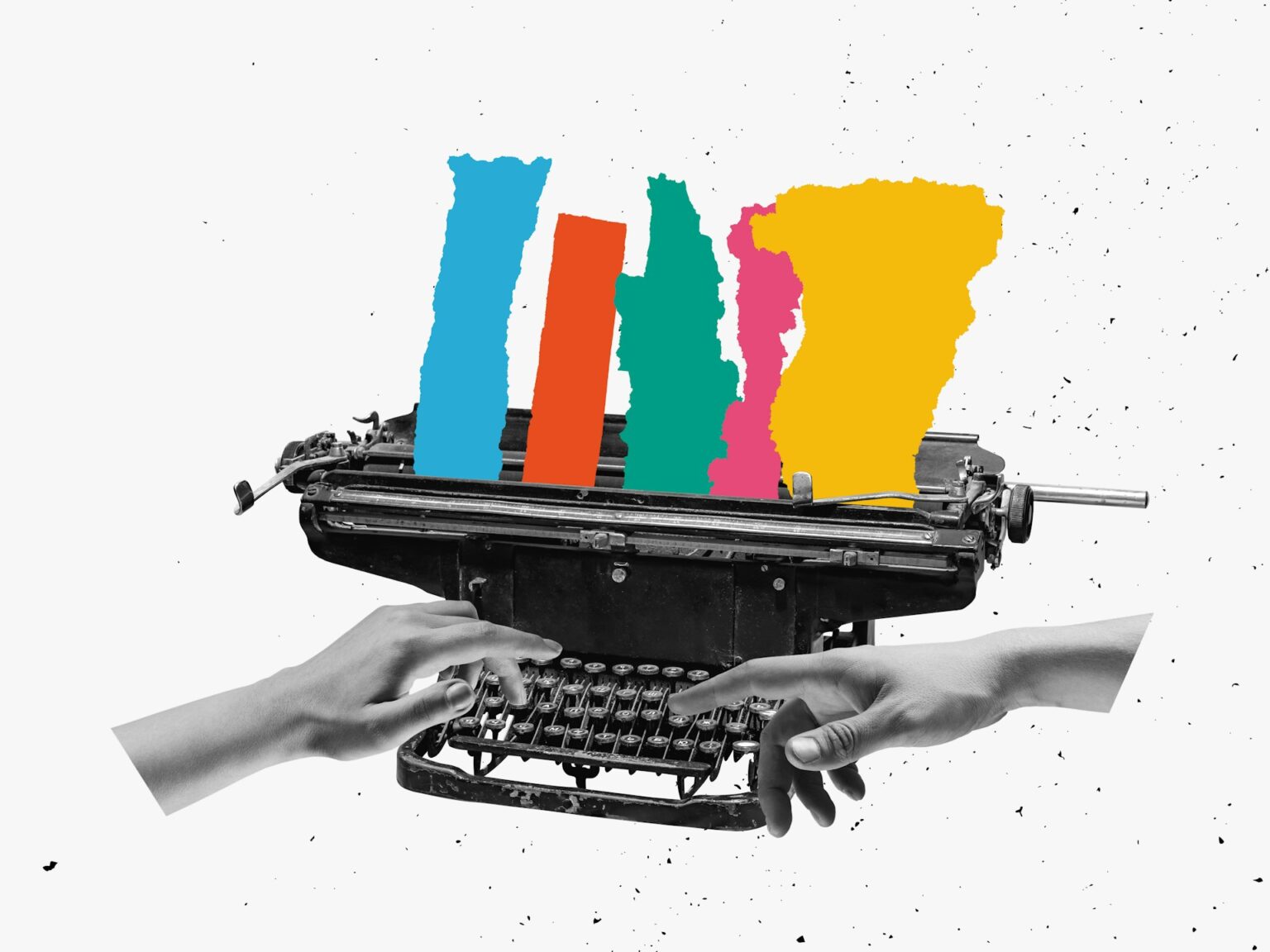Macchina da scrivere con mani che scrivono e strisce colorate che escono al posto di un foglio di carta