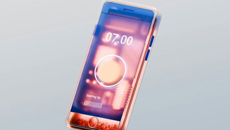 Uno smartphone rosa e azzurro stilizzato semitrasparente