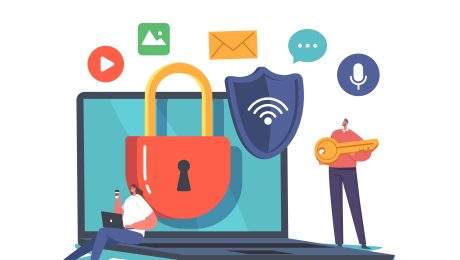 Illustrazione di un computer con due persone accanto e un lucchetto a indicare l'importanza di mantenerlo sicuro
